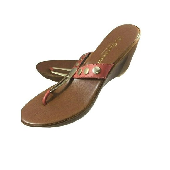A Giannetti Womens Italian Size 9 Wedge Heels Coral Brown Pink Gold Slip On Sand - Picture 6 of 11